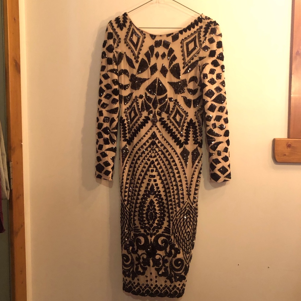 Dolls kill old Hollywood Glam midi dress bodycon black and tan art deco M